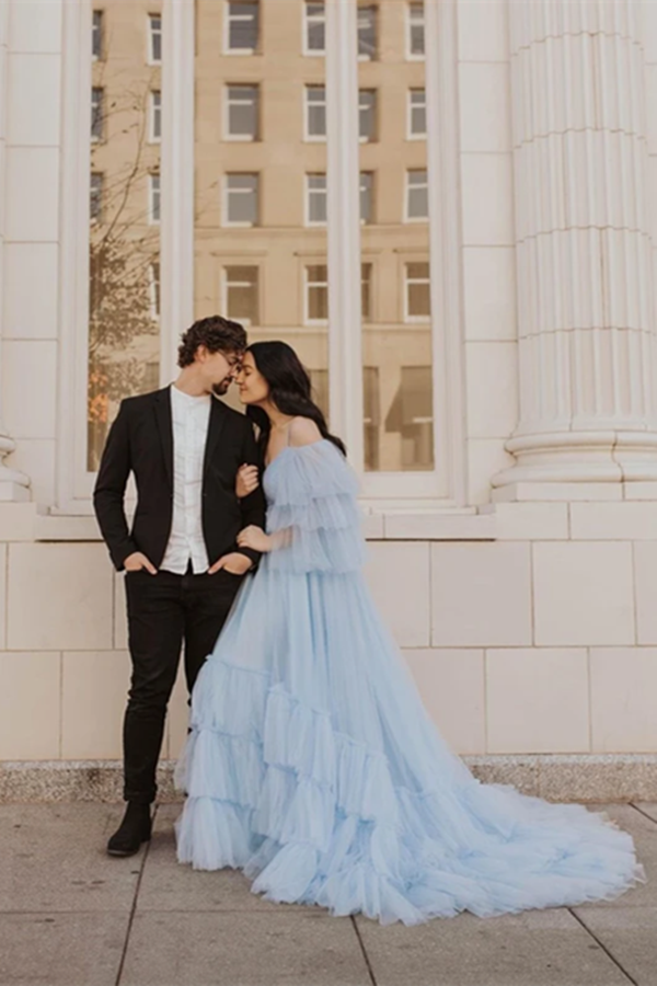 Elegant Spaghetti Straps Off The Shoulder Long Sleeves Tiered Tulle Sweep Train Prom Dresses KPP1396