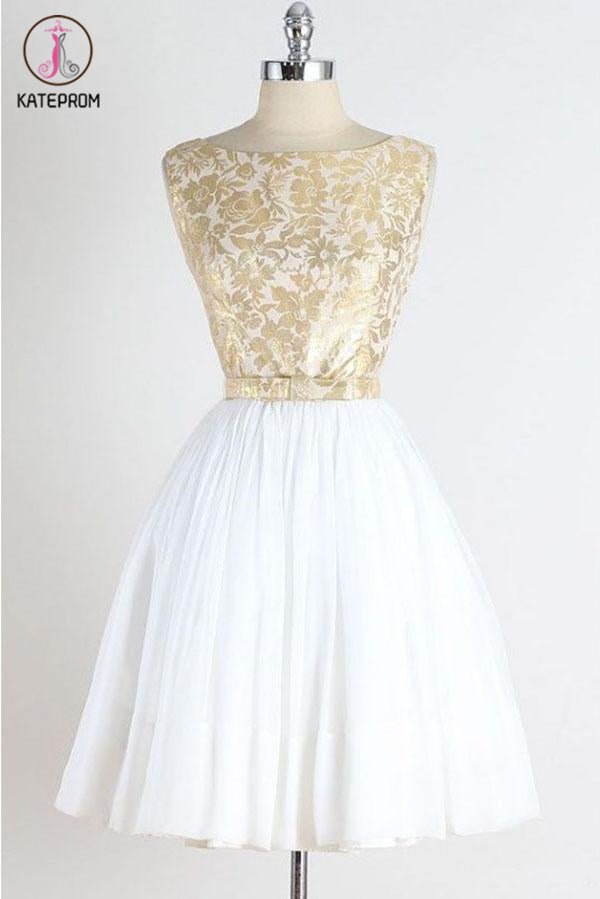 A Line Vintage Sleeveless Gold Lace Short Homecoming Dress Tulle Party Dresses KPH0425