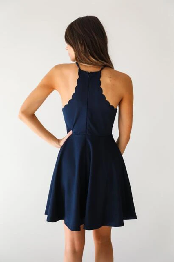 A Line Dark Navy Cute Halter High Neck Satin Short Homecoming Dress KPH0595