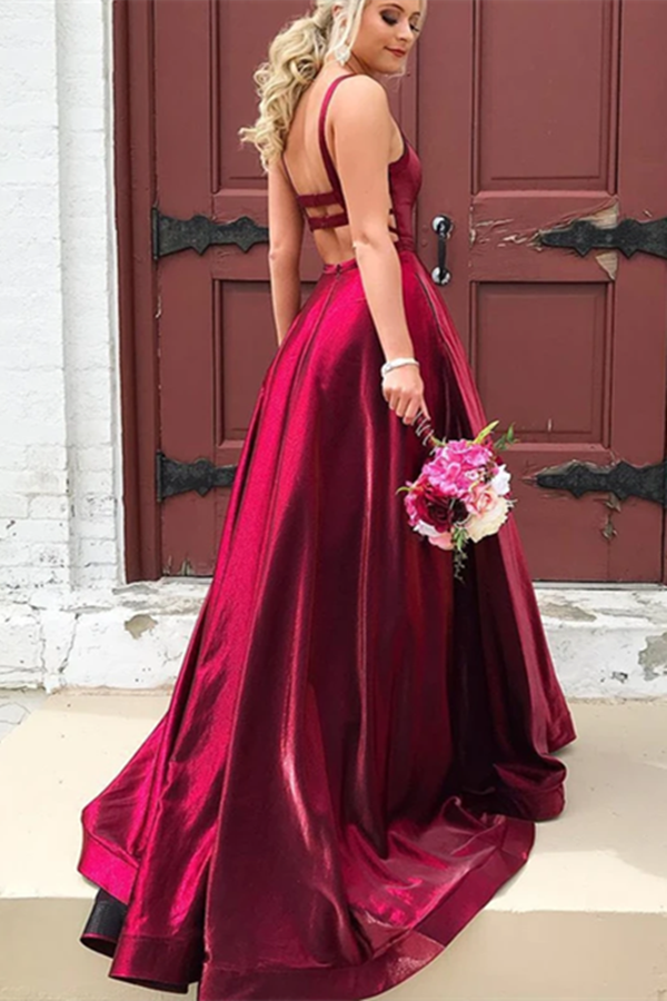 A line Long Taffeta Spaghetti Straps Prom Dresses With Pockets KPP1445