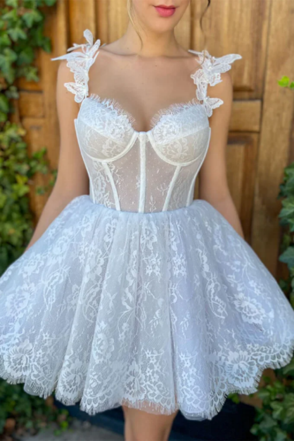A Line Sweetheart Straps White Lace Homecoming Dress KPH0700
