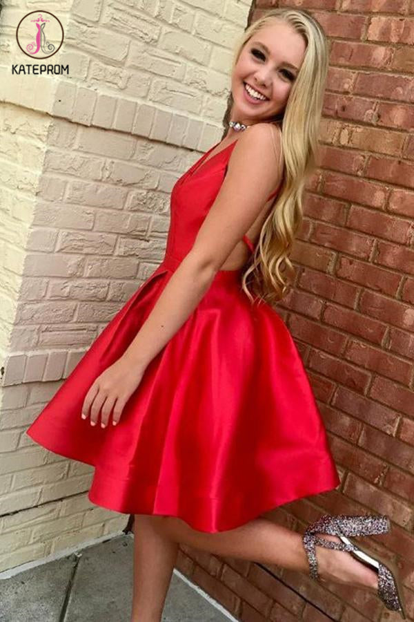 Red A-Line V-Neck Open Back Knee Length Satin Homecoming Dress, Short Prom Gown KPH0370