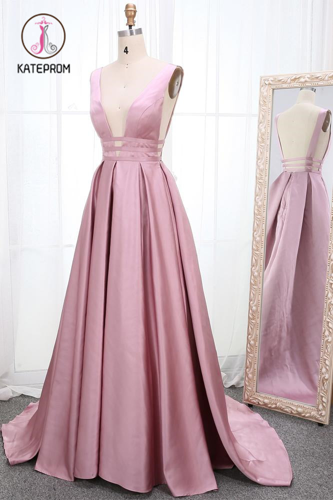 Simple V Neck Sleeveless Long Prom Dress, A Line Ruched Long Evening Dresses KPP1052