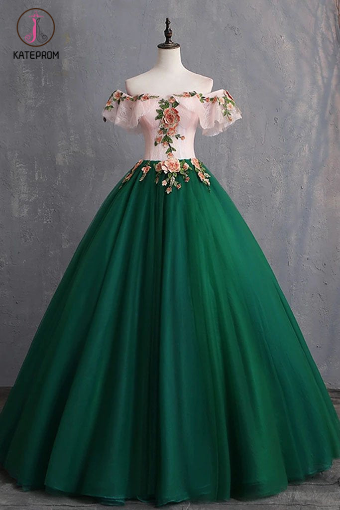 Green Off the Shoulder Floor Length Prom Dress with Appliques, Puffy Quinceanera Dress KPP1062