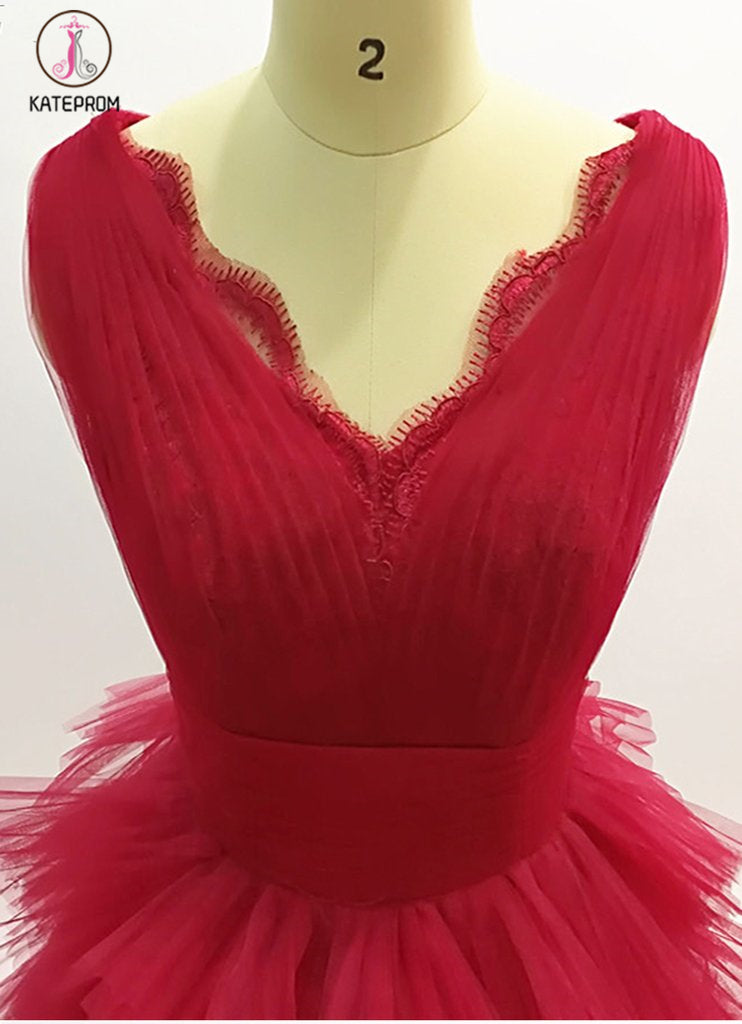 Burgundy Tulle Layered Long Evening Dress, A Line V Neck Tiered Tulle Prom Dress KPP0737