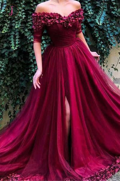 Long Off the Shoulder Half Sleeves Prom Dress with 3D Flowers, Formal Dress with Slit KPP0692