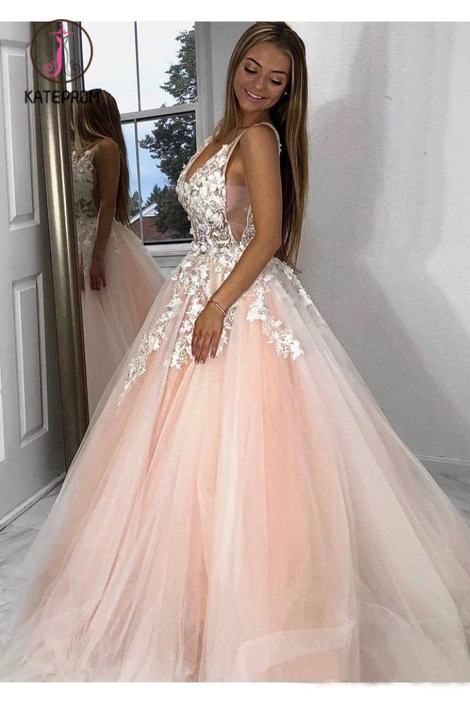 Stunning Lace Applique Long Prom Dresses Quinceanera Dress with Flowers KPP0976