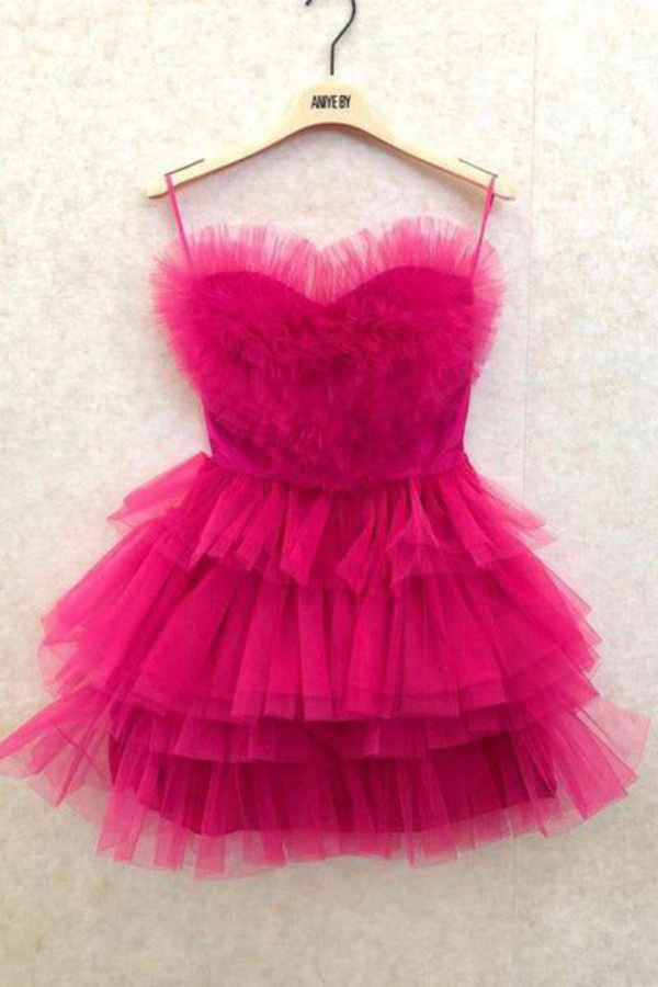 Hot Pink Spaghetti Straps Homecoming Dress With Layers, Party Gown, Graduation Dress KPH0662