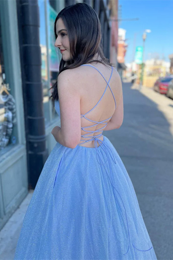 Twinkly A Line Sky Blue Tulle Long Prom Dress, Party Gown for Sale KPP1621