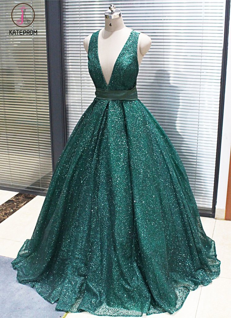 Shinny V Neck Green Sequined Ball Gown Long Prom Dresses, Quinceanera Dresses KPP0746