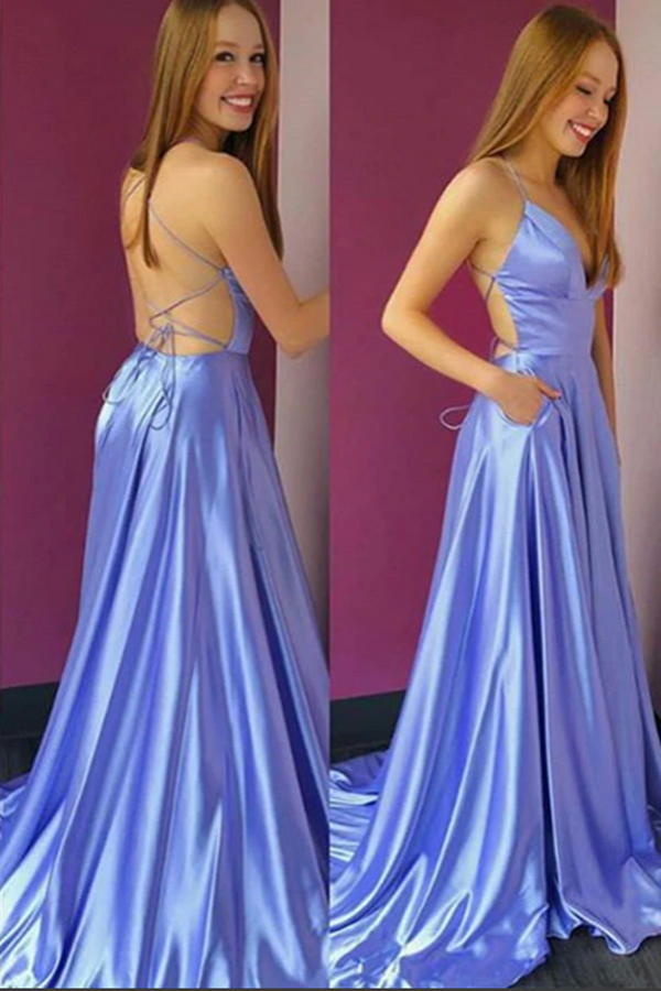 Simple Satin Lilac A Line V neck Spaghetti Straps Prom Dress with Pockets KPP1599