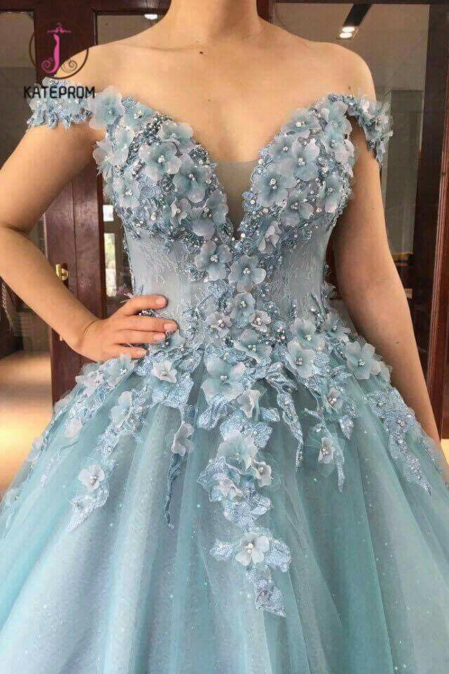 Puffy Off the Shoulder Tulle Floor Length Prom Dress with Flowers, Party Dress with Beads KPP0942