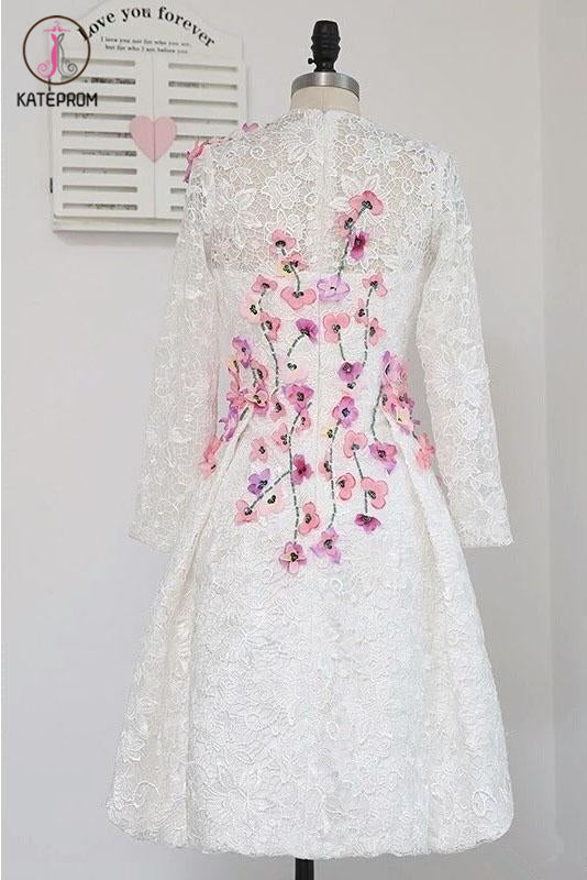 High Low Lace Homecoming Dress with Appliques, Long Sleeve Lace Prom Dress KPH0436