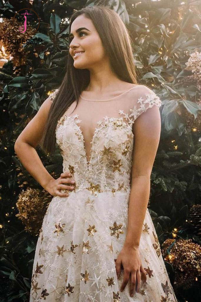A Line Cap Sleeve Long Lace Prom Dresses With Gold Stars, Sheer Neck Prom Gown KPP0870
