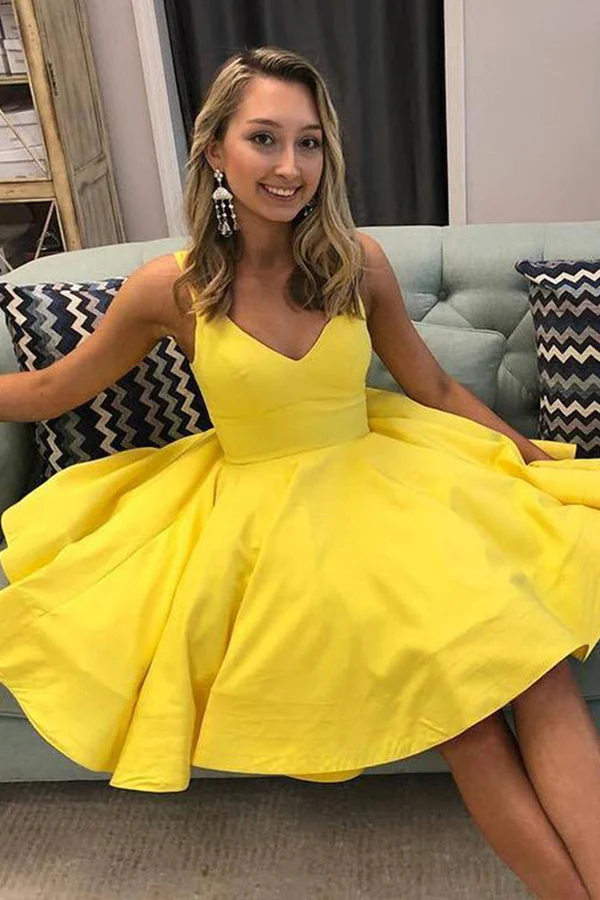 A Line V Neck Short Yellow Prom Dresses Satin Homecoming Dresses KPH0652