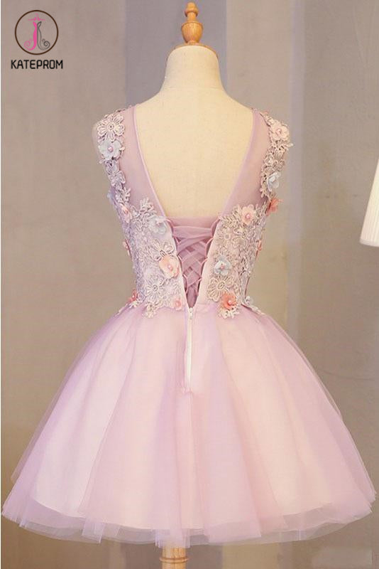 A Line Pink Tulle Homecoming Dress with Flowers, Short Prom Dress with Beads KPH0431