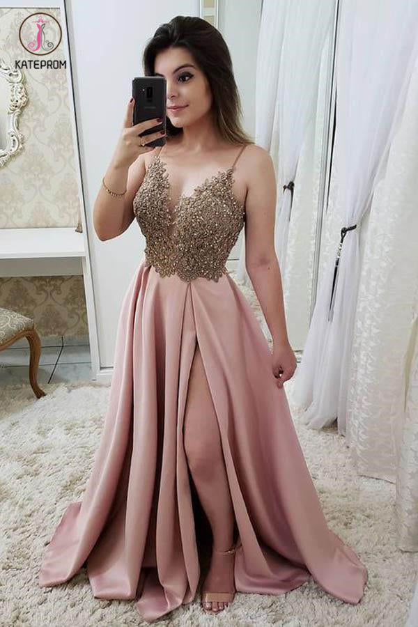 Burgundy Spaghetti Strap Satin Prom Dress with Beading, Sparkly Senior Prom Dresses KPP0780