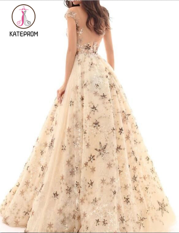 A Line Cap Sleeve Long Lace Prom Dresses With Gold Stars, Sheer Neck Prom Gown KPP0870