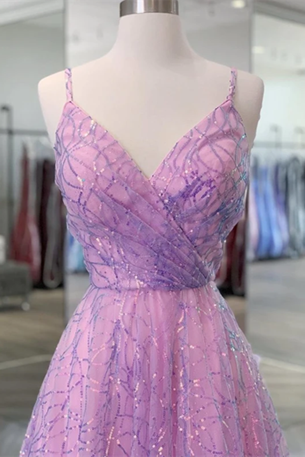 Shiny V Neck Backless Lilac Prom Dresses with Straps, Formal Dresses, Purple Evening Dresses KPP1458