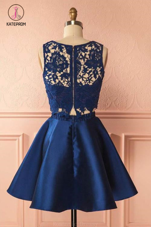 Two Piece Dark Blue Sleeveless Satin Short Homecoming Dress with Lace Appliques KPH0285