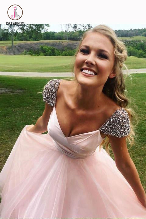 Pink Prom Dresses with Cap Sleeves, A Line Long Prom Dresses with Rhinestones KPP0660