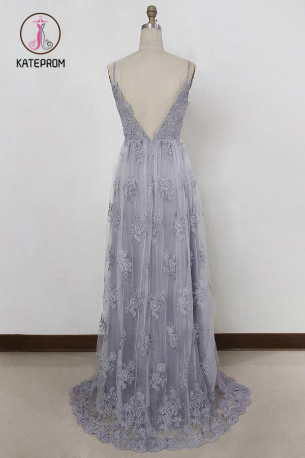 Spaghetti Straps Long Lace Prom Gown, A Line V Neck Sleeveless Formal Dresses KPP0894