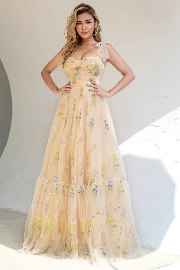 A Line Spaghetti Straps Champagne Prom Dress With Appliques KPP1681