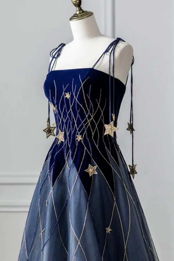 Blue Spaghetti Strap Long Prom Dress with Star, Blue Evening Party Dress KPP1745