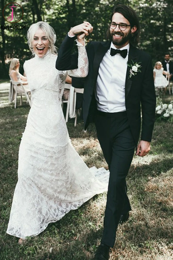 High Neck Lace Appliques Long Sleeve Mermaid Beach Wedding Dresses, Bridal Dresses KPW0613