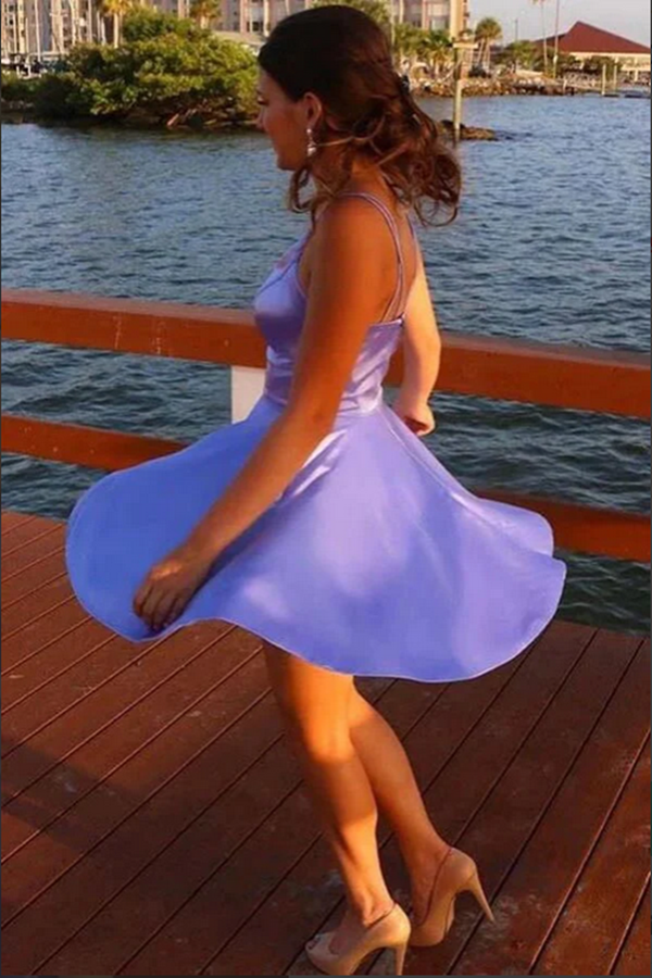 Septing - septing Lavender Satin A line Spaghetti Straps Homecoming Dresses With Pocket KPH0620