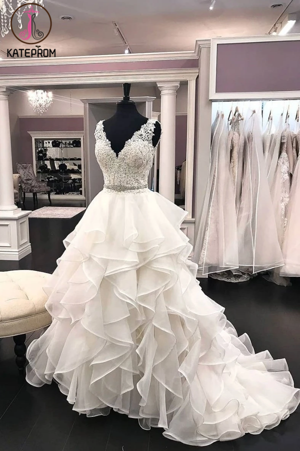 Ruffled Organza Wedding Dresses Lace V neckline Bodice Party Dresses for Sale KPW0666
