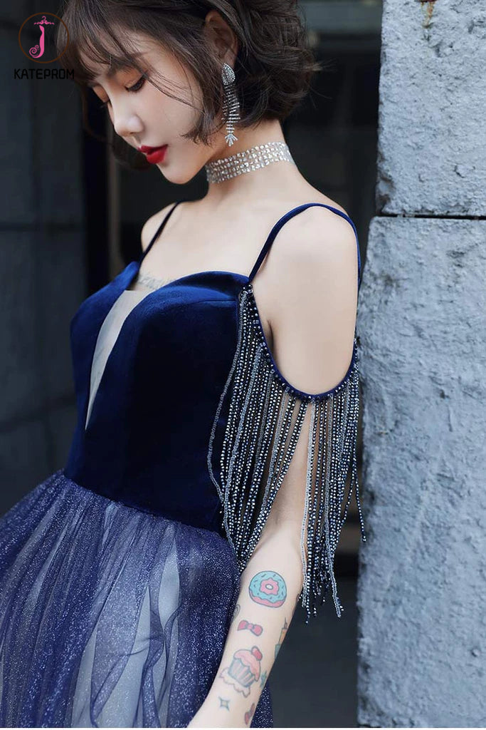 Blue Ombre Spaghetti Straps Long Prom Dress with Tassels, Unique Evening Dress KPP1290