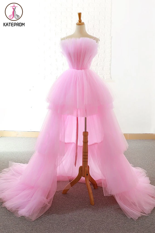 A-line Pink High Low Prom Dress Tulle Formal Dresses Evening Gowns for Sale KPP1319
