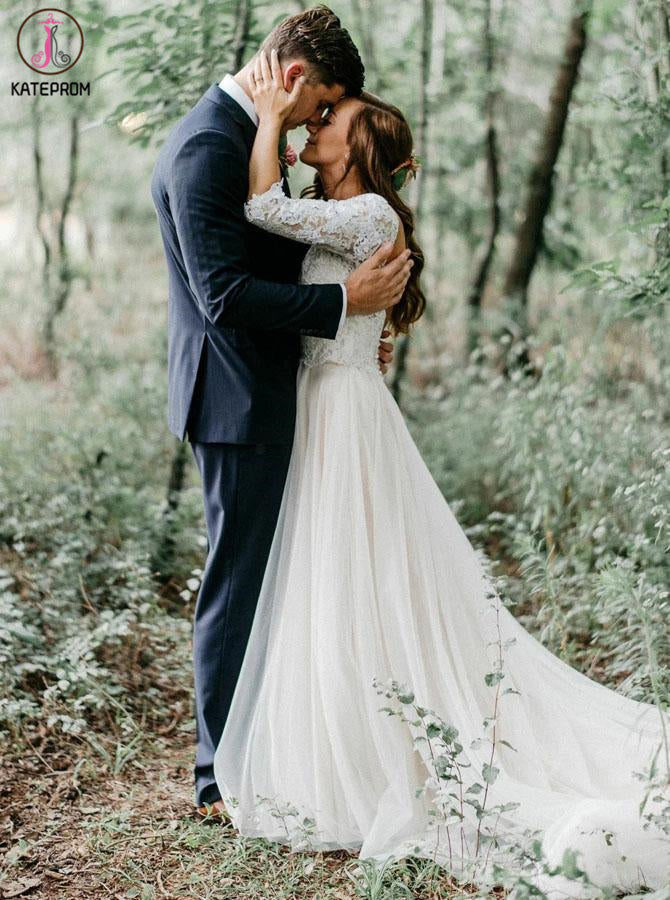 A-Line V-Neck Half Sleeves Backless Tulle Wedding Dress with Lace Appliques KPW0557