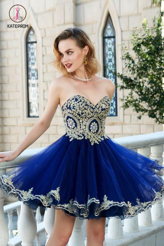 Royal Blue Princess Sweetheart Sleeveless Applique Mini Tulle Homecoming Dresses KPH0280