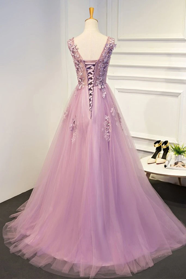 Chic Prom Dresses A line Scoop Short Train Lilac Prom Dress Evening Dress KPP1392