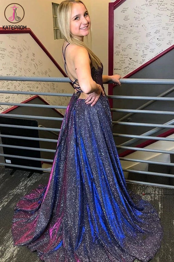 Glitter Front Split Long Zipper Back Pretty Prom Dresses Cute Dress KPP1346