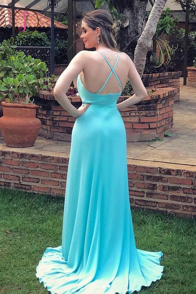 Sexy Spaghetti Strap Side Slit Long Evening Dresses, Flowy Long Prom Dresses KPP0992