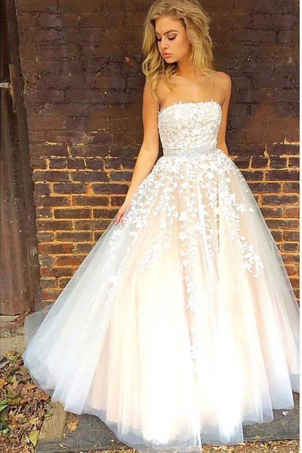 Princess A line Strapless Tulle Long Prom Dress with Lace Appliques Wedding Dress KPW0662