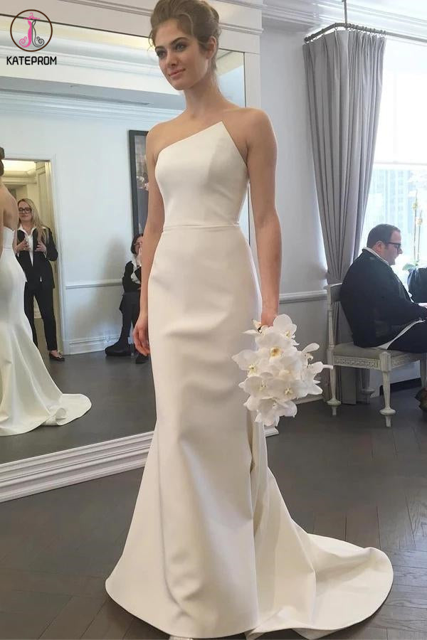 Simple Strapless Mermaid Long Wedding Dresses, Elegant Ivory Sweep Train Wedding Dresses KPW0568