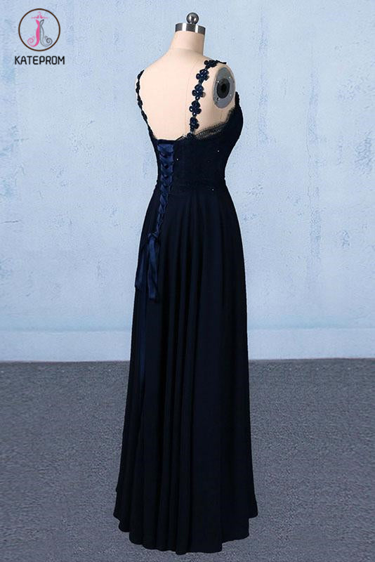 Dark Navy Blue Straps Floor Length Evening Dresses, Long Chiffon Prom Dress with Lace KPP1061