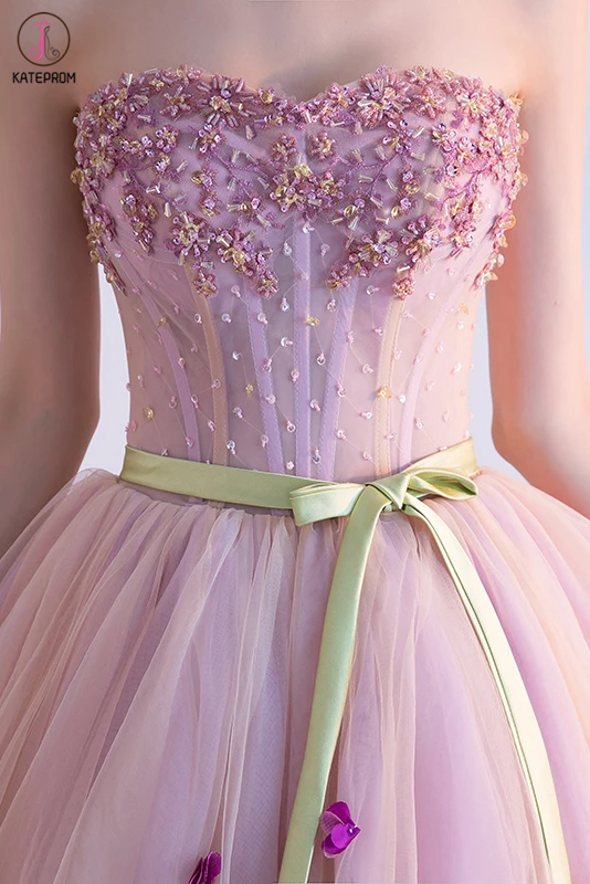 Pink Sweetheart Tulle Homecoming Dress with Ribbon, Short Prom Dress with Beads KPH0508