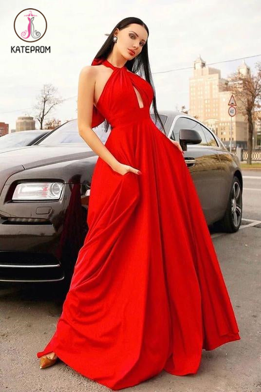 Stylish Red Halter Long Prom Dress, Floor Length Sleeveless Evening Dresses with Pockets KPP1243