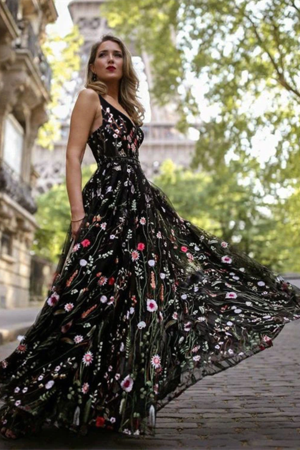 Exquisite V neck Lace Prom Dresses Long Floral Formal Gowns KPP1363
