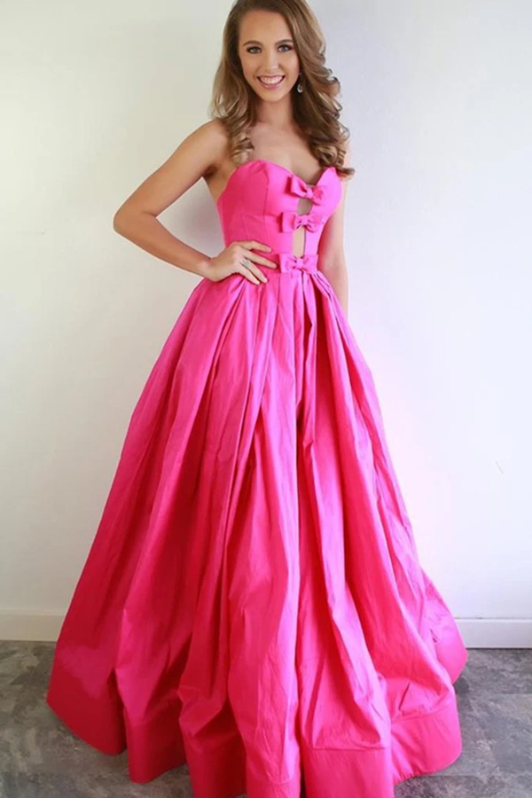 A Line Strapless Hot Pink Satin Long Prom Dresses With Bowknot, Formal Evening Dresses KPP1403