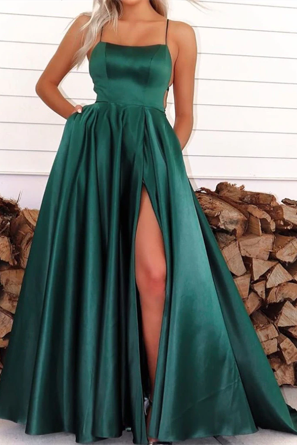 Chic A line Spaghetti Straps Dark Green Scoop Prom Dress Satin Evening Split Dress KPP1572