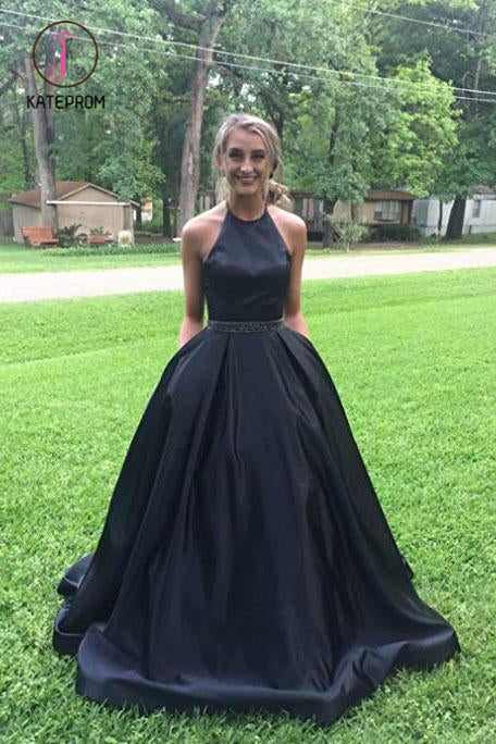 Black Halter Satin Prom Dress with Beading, Long Evening Dress with Pockets KPP0994