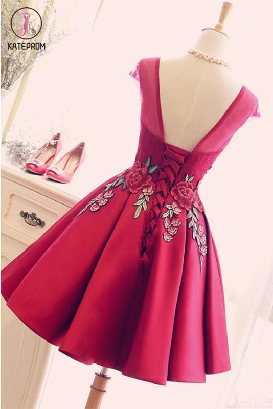 Burgundy Satin Ruched Homecoming Dress, A Line Short Prom Dress with Appliques KPH0422