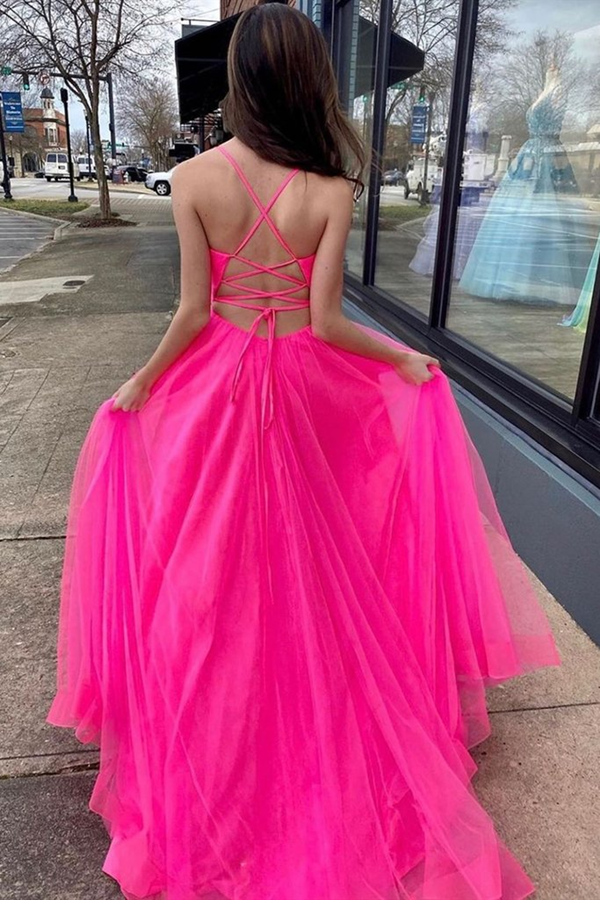 A Line V Neck Hot Pink Prom Dresses With Slit, Long Formal Evening Dresses KPP1447