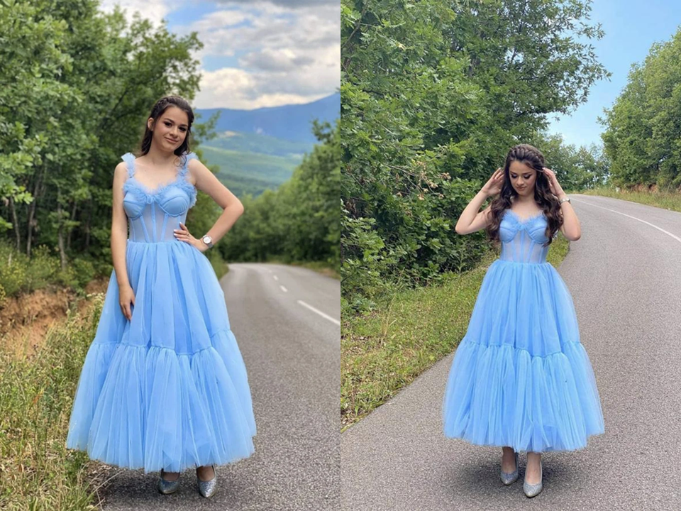 Sky Blue Straps Tulle A Line Prom Dress Sweetheart Homecoming Dresses KPP1426